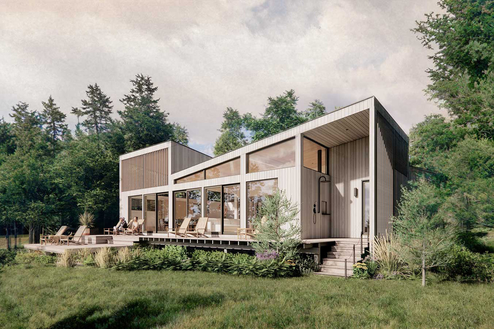 Skycatcher-Michigan-Lakehouse2a Daytime rendering of Skycatcher with sloped shed roofs, large glass walls, and a spacious elevated deck overlooking the wooded landscape.