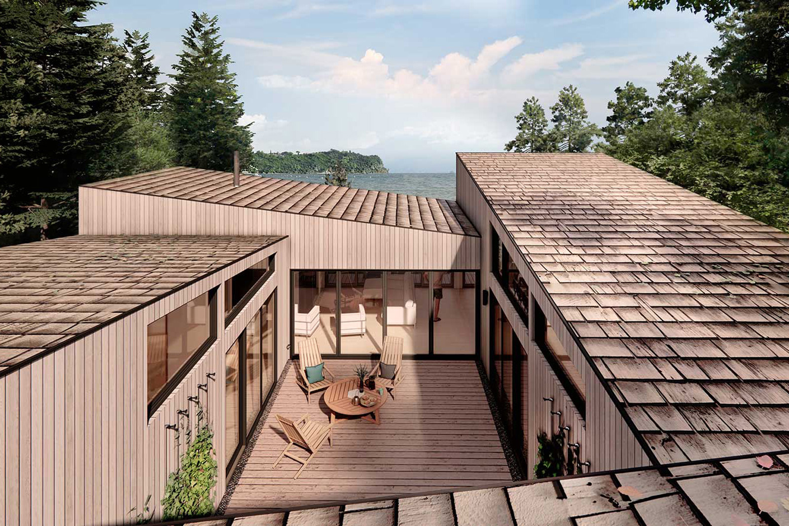 Skycatcher-Michigan-Lakehouse7 Rendering of Skycatcher’s central courtyard with wood decking, outdoor seating, and large sliding glass doors connecting interior rooms to the outdoor space.